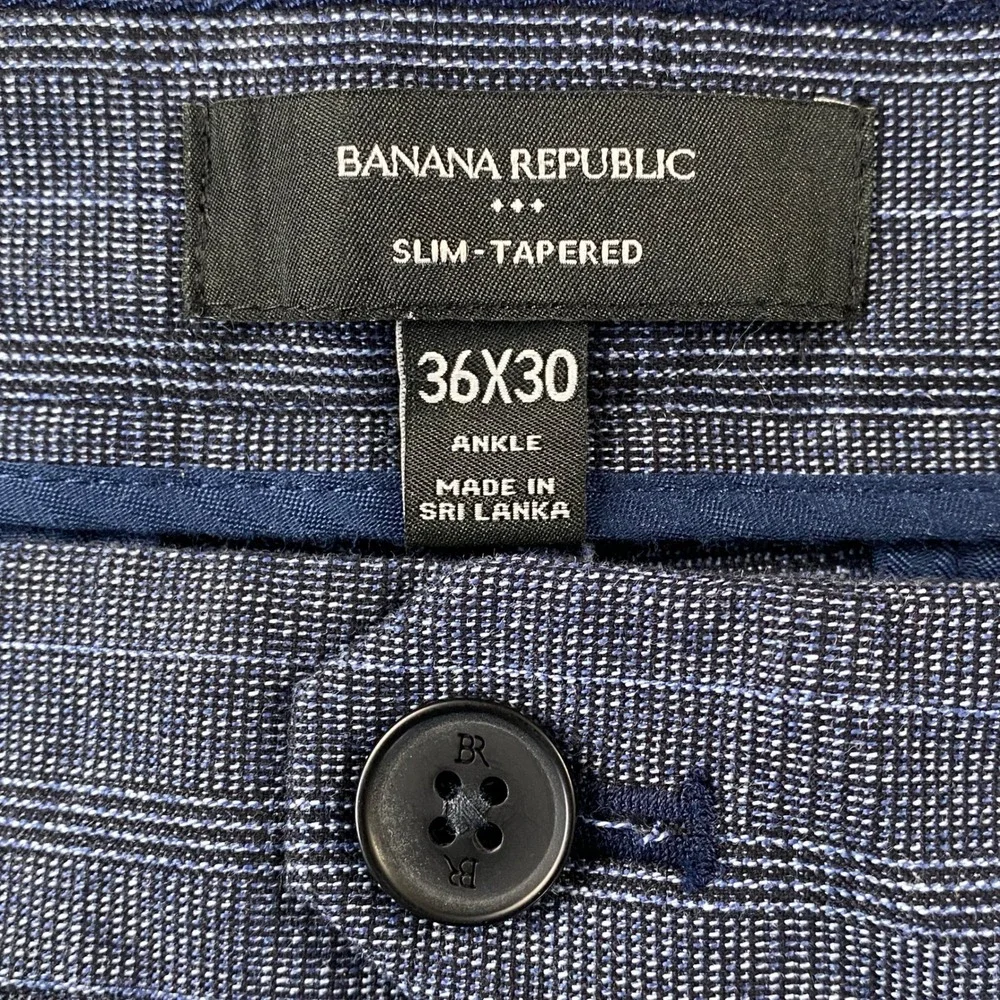 Banana Republic Pants Mens 36x30 Blue Slim Tapered Ankle Glen Plaid Pinstripe